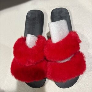 Red Fuzzy Slide Sandals